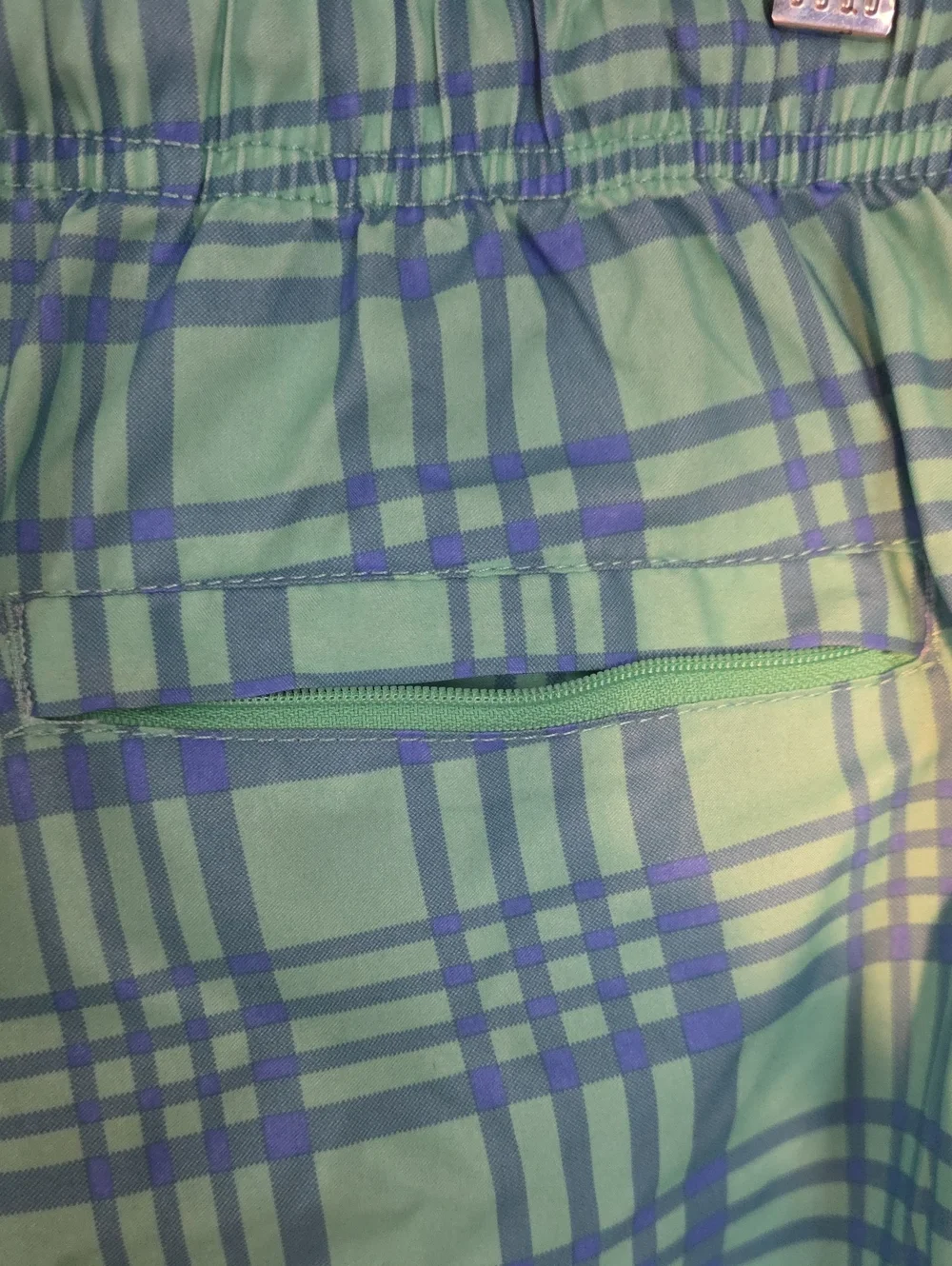 johnnie-O Medium Green Plaid Swim Trunks with Blue Drawstring Like New